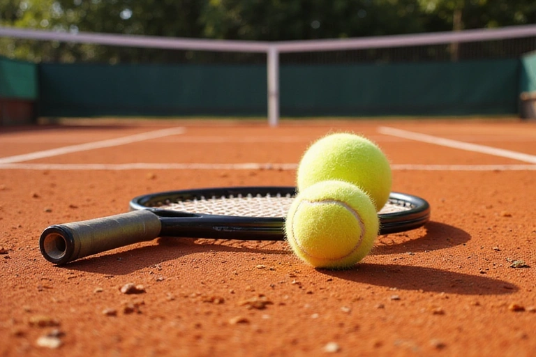 A tennis racket and ball resting on a clay court with a pristine net in the background, symbolizing the core values of tennis.
