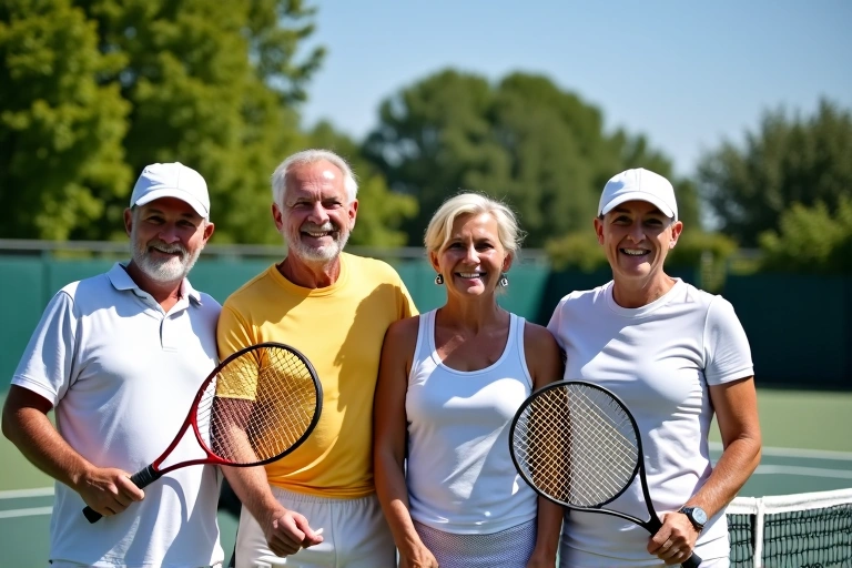 A group of diverse tennis players of all ages smiling on a sunny tennis court, symbolizing community and passion for the sport.