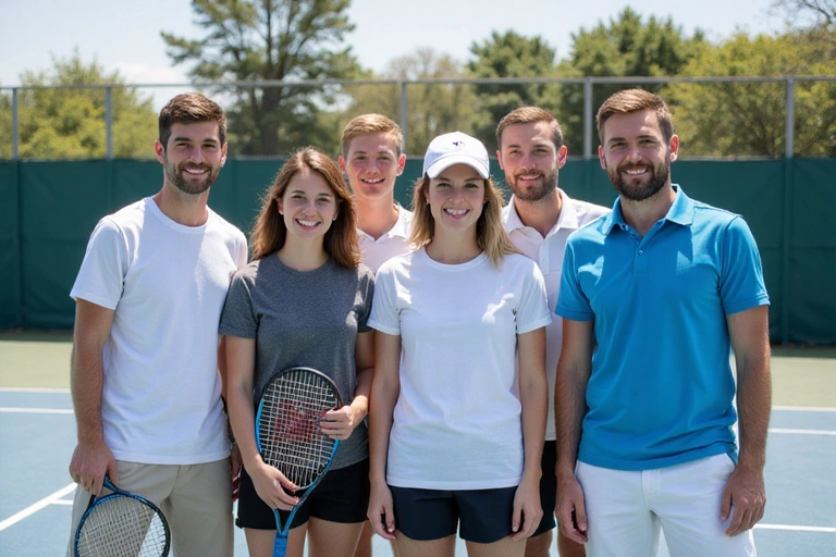 A diverse group of tennis coaches posing together on a court, smiling and holding rackets, representing teamwork and expertise.