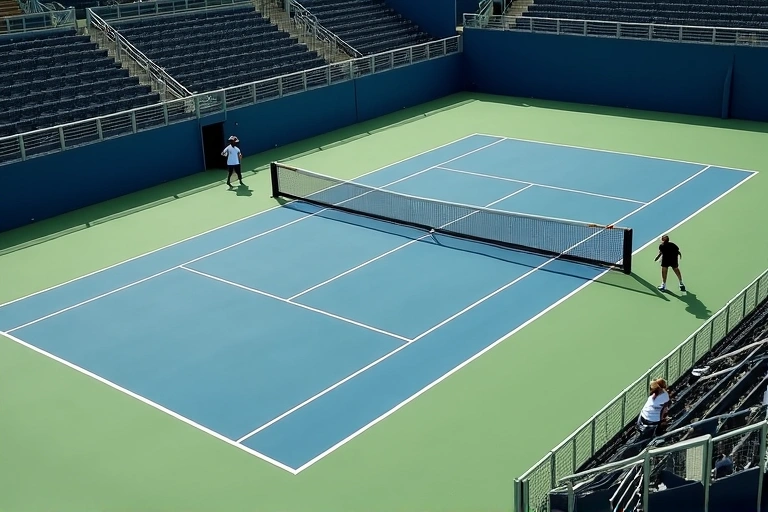 A high-angle shot of a pristine tennis court with a player in action, symbolizing state-of-the-art facilities and dynamic play.