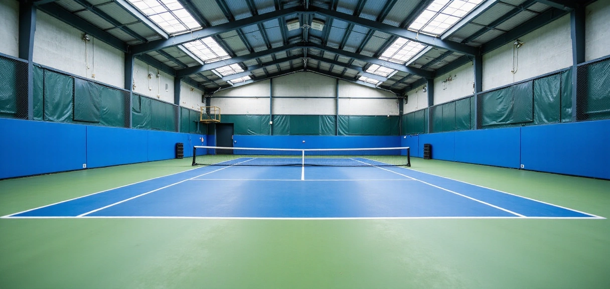 Empty, well-maintained tennis court ready for play.