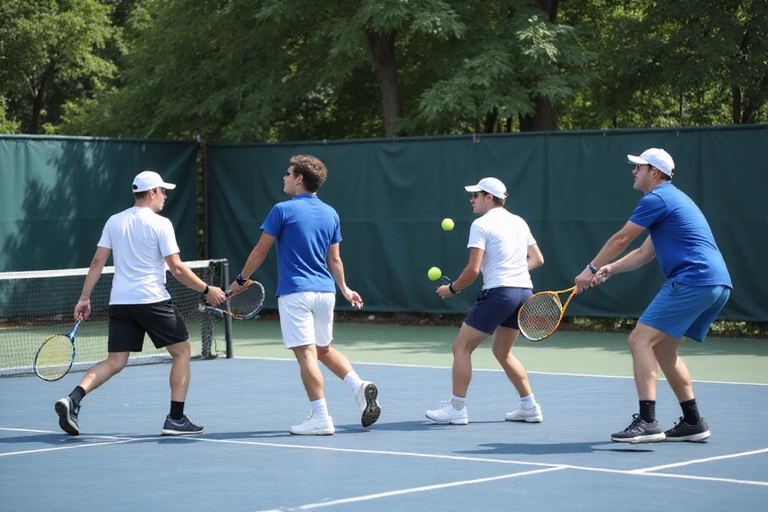 Adult players engaged in a doubles drill