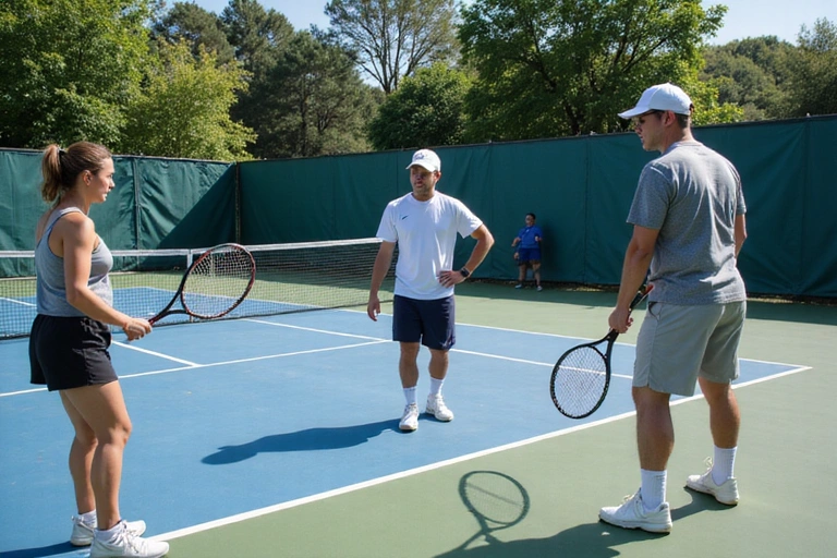 Coach demonstrating a backhand technique to a group