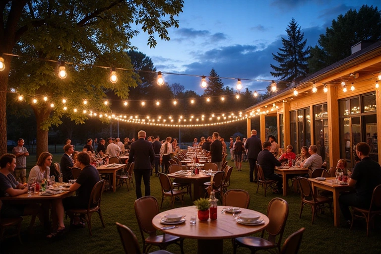 Evening social event with outdoor lighting and music