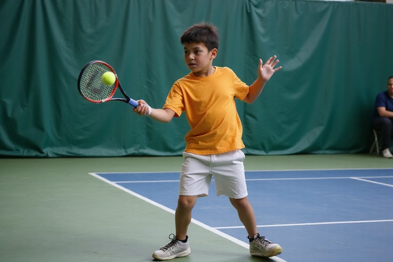 Junior player executing a powerful forehand during practice
