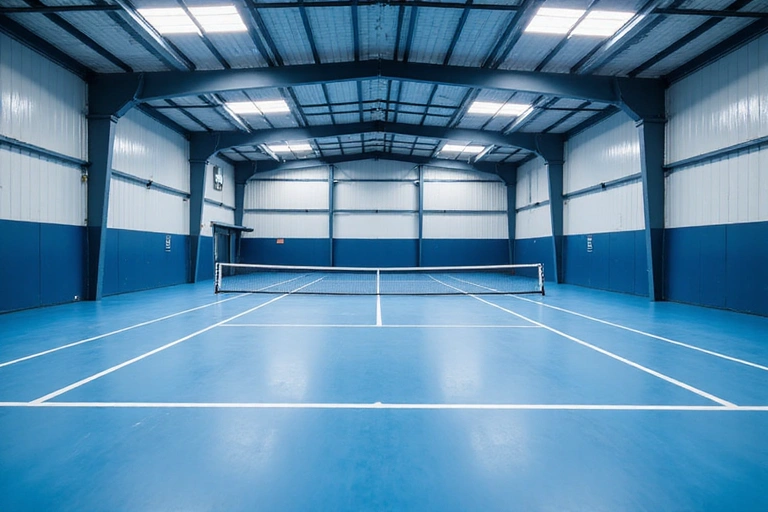 Modern indoor tennis courts with bright lighting
