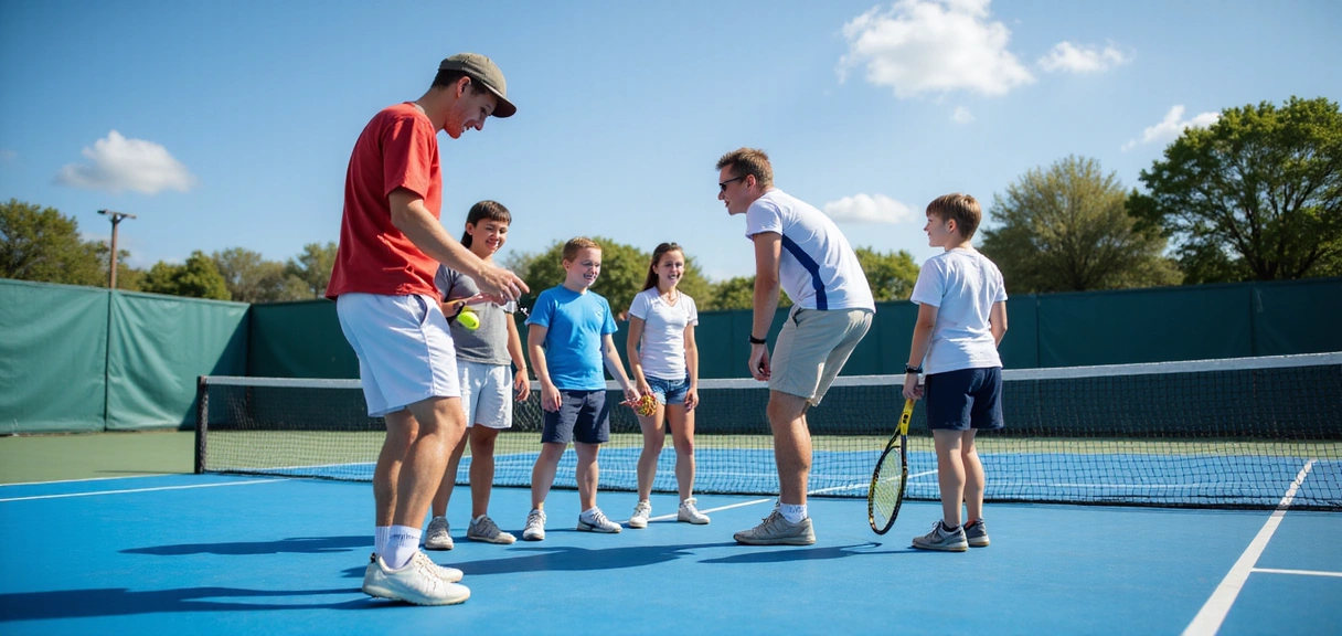 Diverse group of people playing tennis on a court, learning from a coach