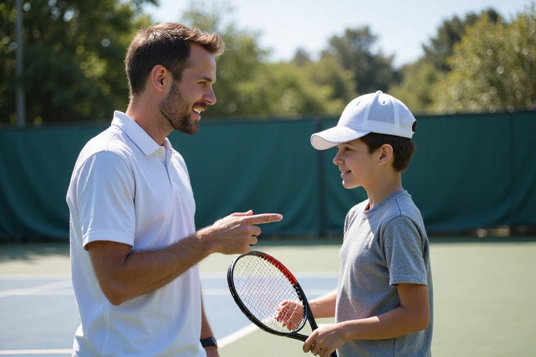 A professional tennis coach giving instructions to a junior player on a court