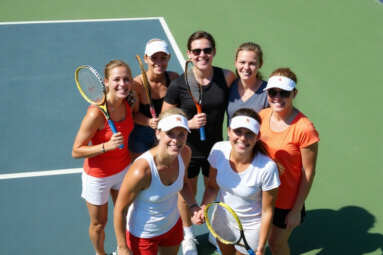 A group of diverse tennis players smiling and posing on a tennis court after a friendly match