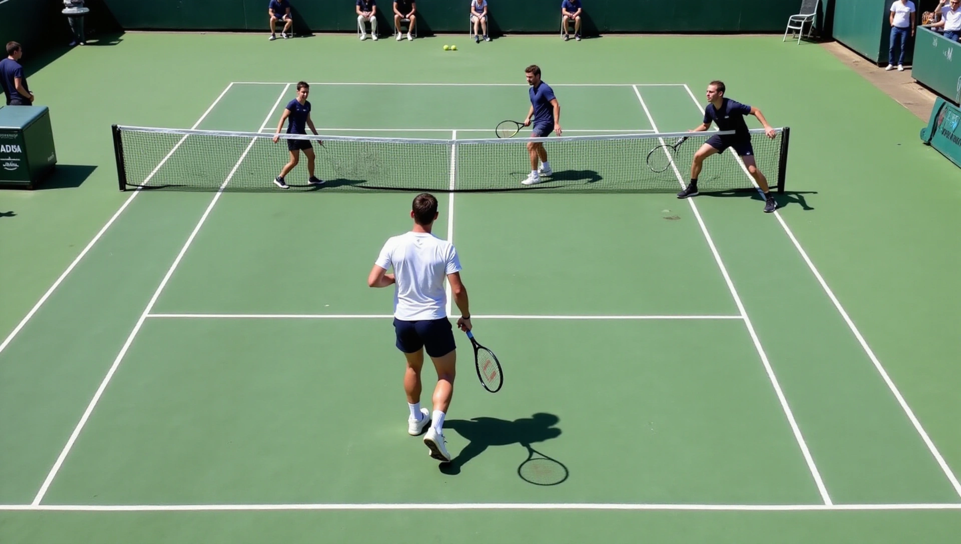 Dynamic tennis court with players in action, blurred for background effect