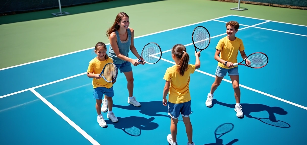Group of children enthusiastically playing tennis, supervised by a coach on a sunny day.