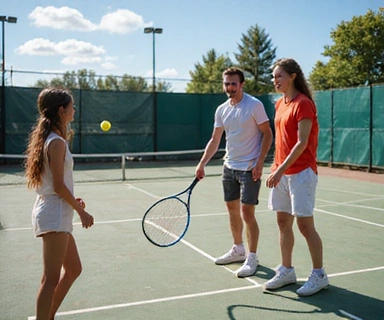 Happy family playing tennis together on a court