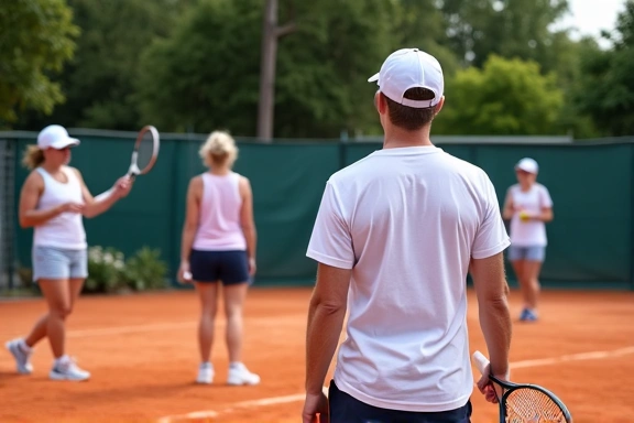 Adult tennis clinic in progress