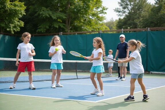 Kids playing tennis during summer camp