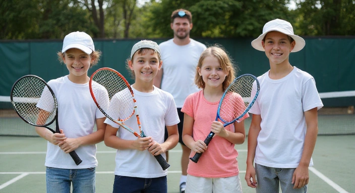 Kids in a tennis lesson