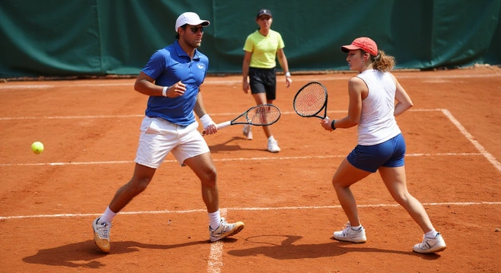 Mixed doubles tennis match in action