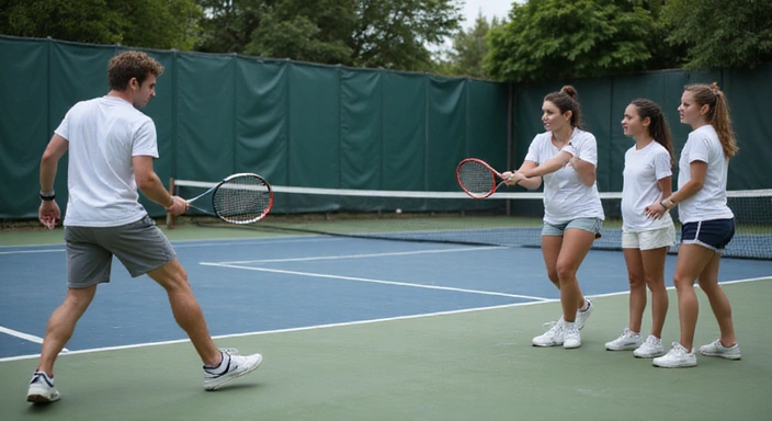 Tennis instructor demonstrating a forehand