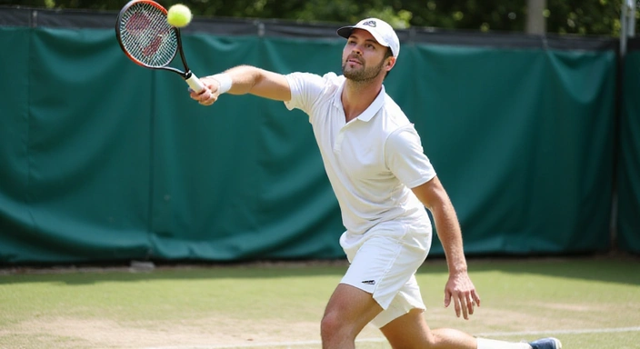 Tennis player serving during a match