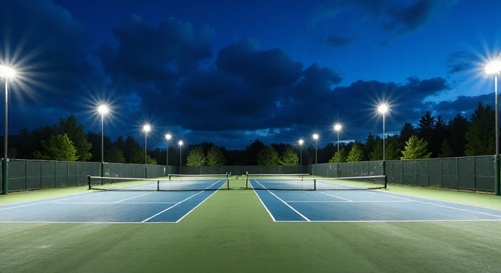 Tennis courts at night under floodlights
