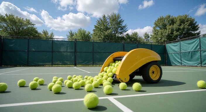 Tennis balls being collected by a ball machine