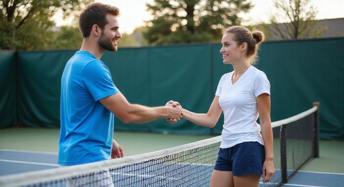 Two tennis players shaking hands after a match