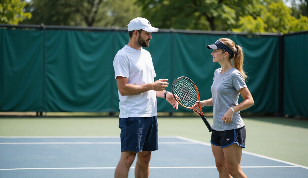 A tennis coach instructing a player during a private coaching session on a sunny court.
