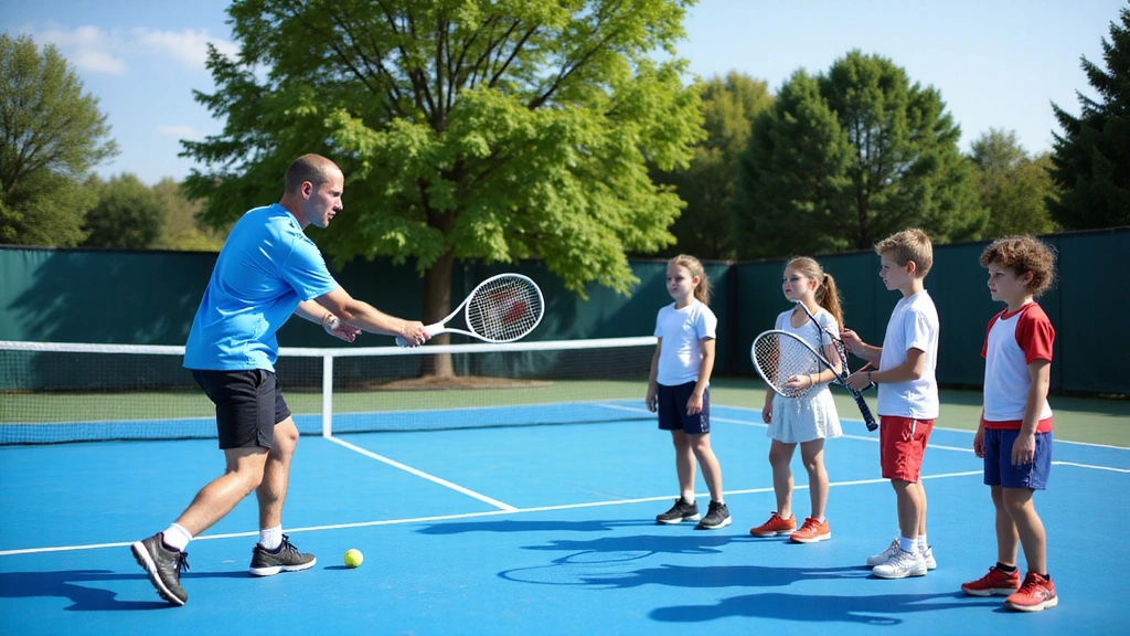 A tennis coach demonstrating a forehand stroke to a group of enthusiastic junior players on a sunny outdoor court.