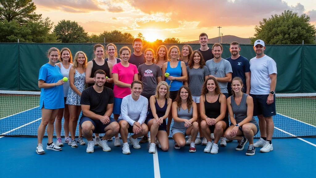 A group of happy tennis players, including coaches and members, posing together on a court after a successful training session.
