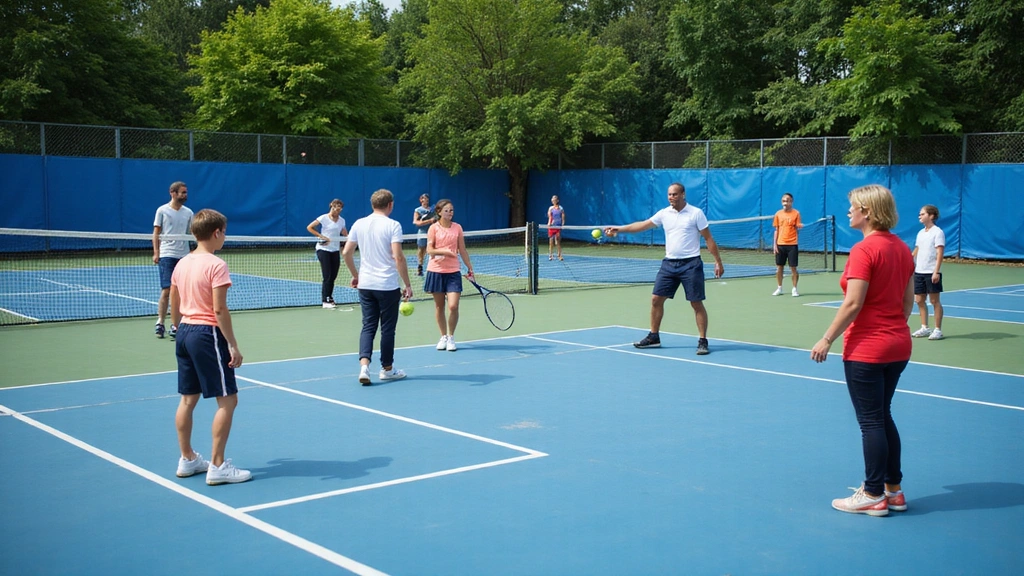 A diverse group of adults and children happily participating in a tennis lesson on a bright, well-maintained court, with coaches providing guidance.